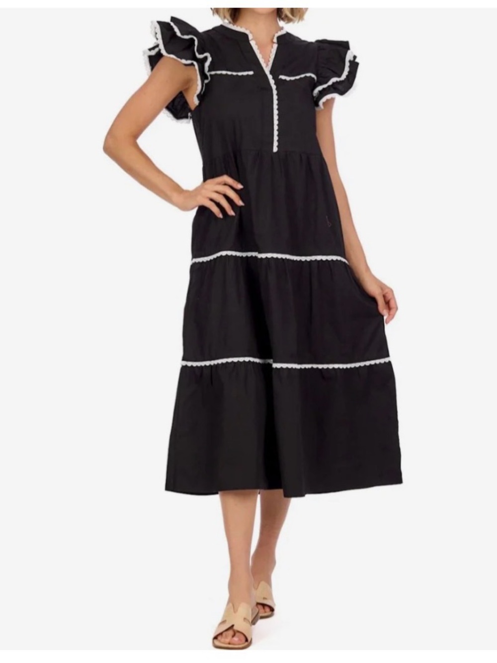 Mud Pie Black Ruffle Tiered Midi Dress with Contrast Trim